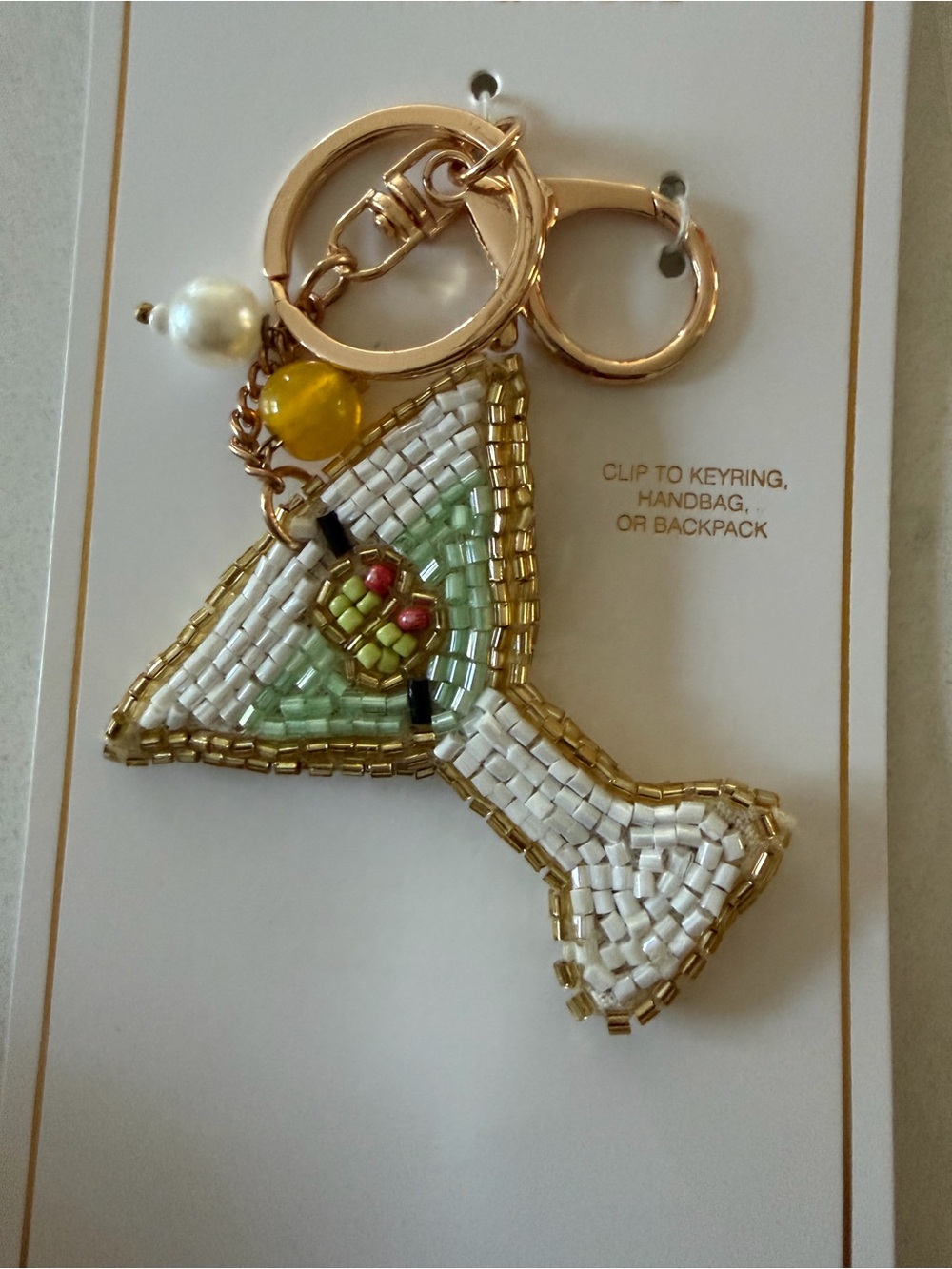 Anthropologie Gold and Green Beaded Martini Bag Charm & Key Chain - Picture 2 of 4